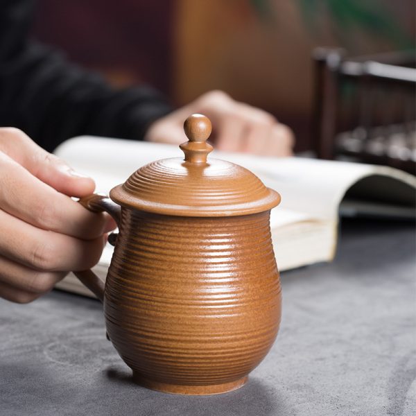龙泉青瓷 青灰釉办公杯茶杯陶瓷手工杯子 带盖龙柄杯高档会议水杯