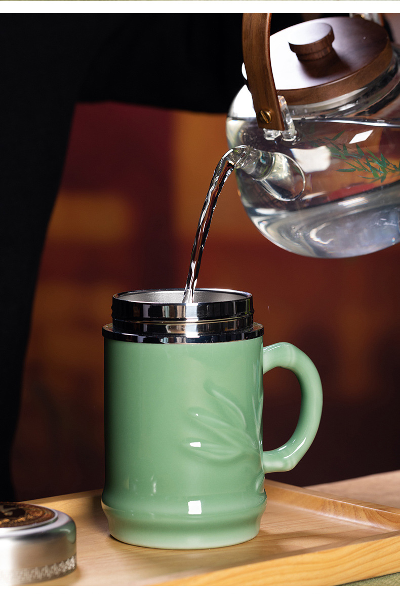 龙泉青瓷 竹节保温杯不锈钢内胆茶水分离泡茶杯 陶瓷大容量商务杯