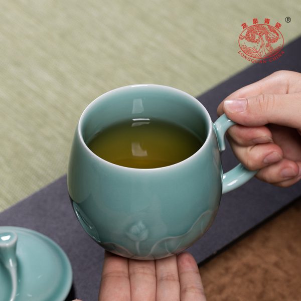 龙泉青瓷办公室带盖茶杯中式泡茶陶瓷家用马克杯水杯个人喝水杯子