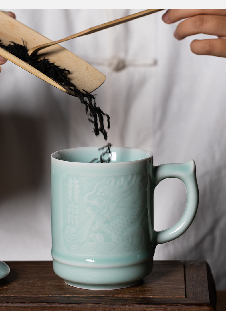 龙泉青瓷 创意带盖办公杯喝茶杯子家用马克杯 陶瓷泡茶水杯情侣杯