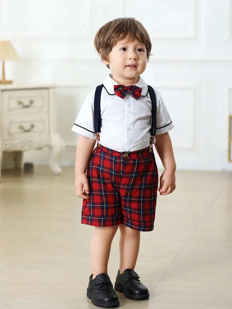 加工定制跨境男女童时尚绅士礼服夏新款短袖短裤儿童表演服兄妹装