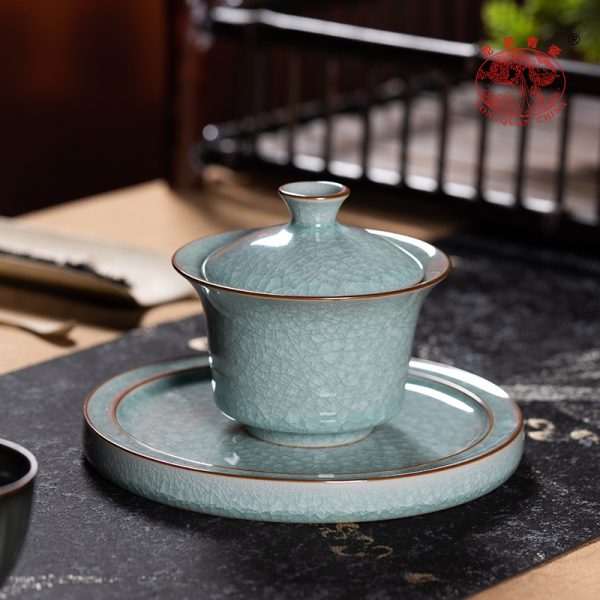 龙泉青瓷 三才盖碗大号冰裂手抓茶碗 陶瓷功夫茶具手工高档敬茶碗