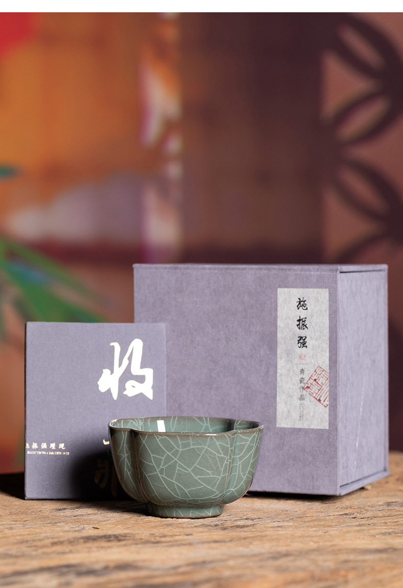 龙泉青瓷 压手主人杯单个杯功夫茶具 陶瓷家用哥窑四方抽角品茗杯