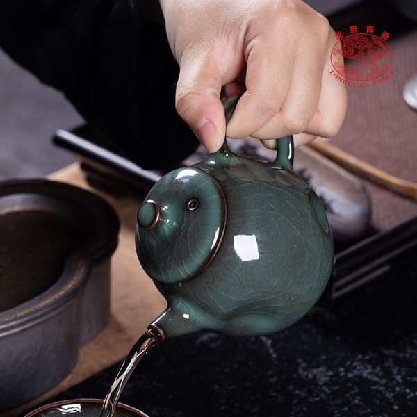 龙泉青瓷 哥窑冰裂手工铁胎茶壶单壶 陶瓷功夫茶具家用过滤泡茶壶