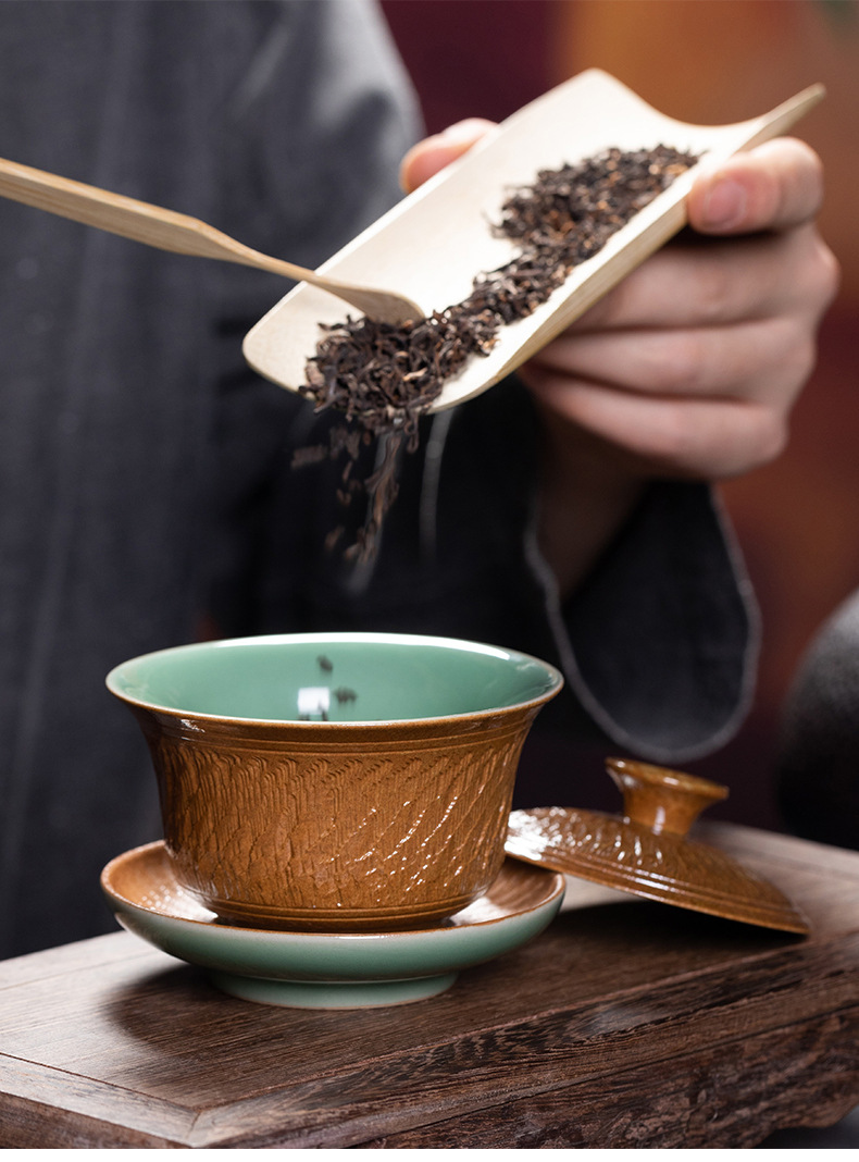 龙泉青瓷 功夫茶具复古手工跳刀三才盖碗 陶瓷家用会客手抓泡茶碗