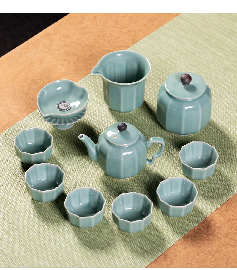 龙泉青瓷  创意功夫茶具套装  陶瓷家用中式茶壶茶杯整套雕刻代发