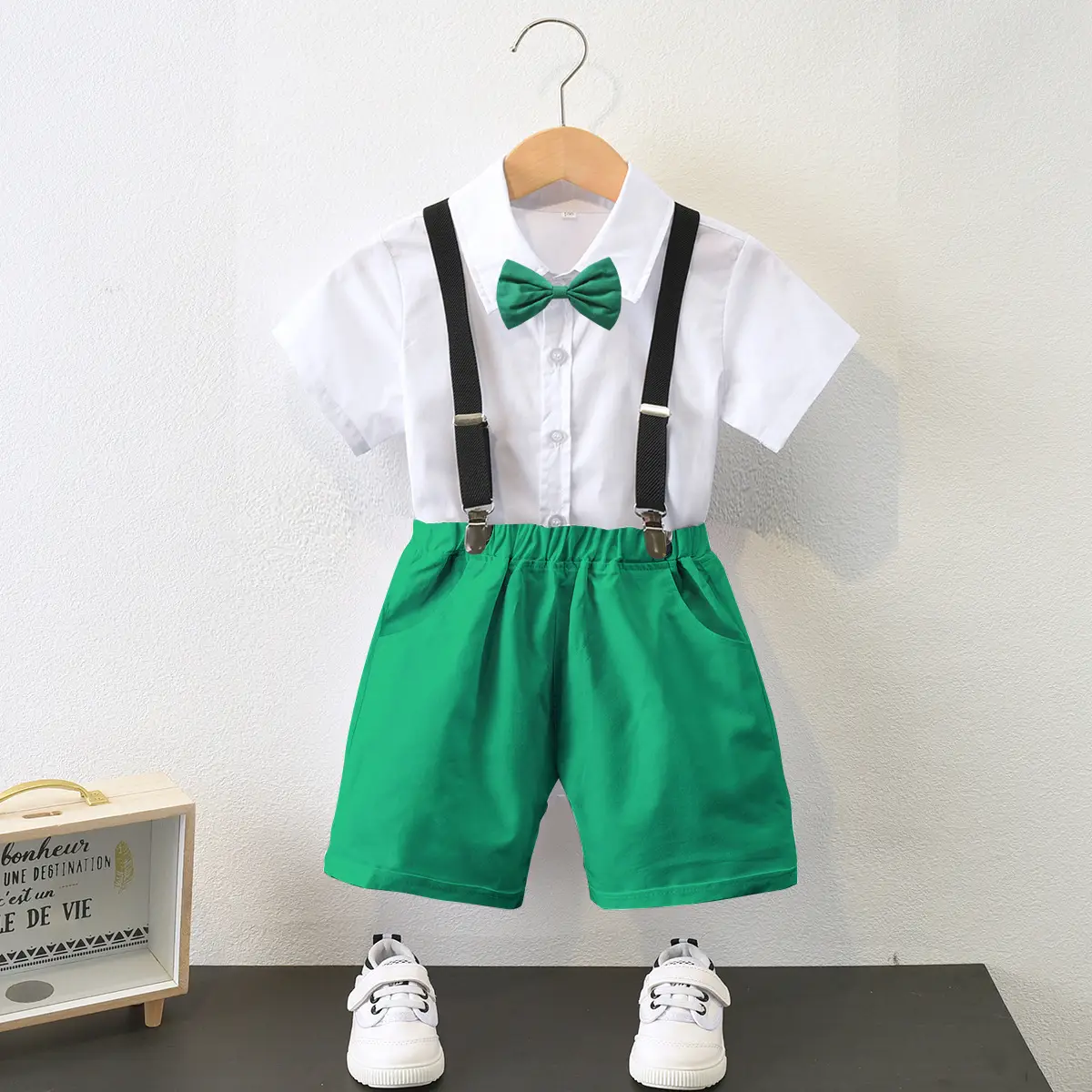 跨境男童夏季白色衬衣黑色背带裤小主持人中小儿童宝宝六一表演服