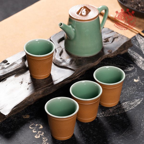龙泉青瓷原矿跳刀手工功夫茶具套装陶瓷高档茶壶杯一壶四杯礼盒装