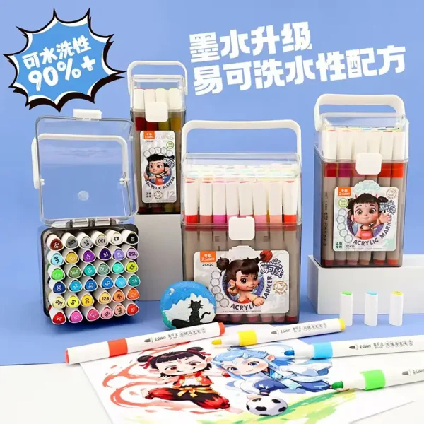 中彩ZC620易可洗哪吒款丙烯马克笔小学生绘画桶装丙烯马克笔批发