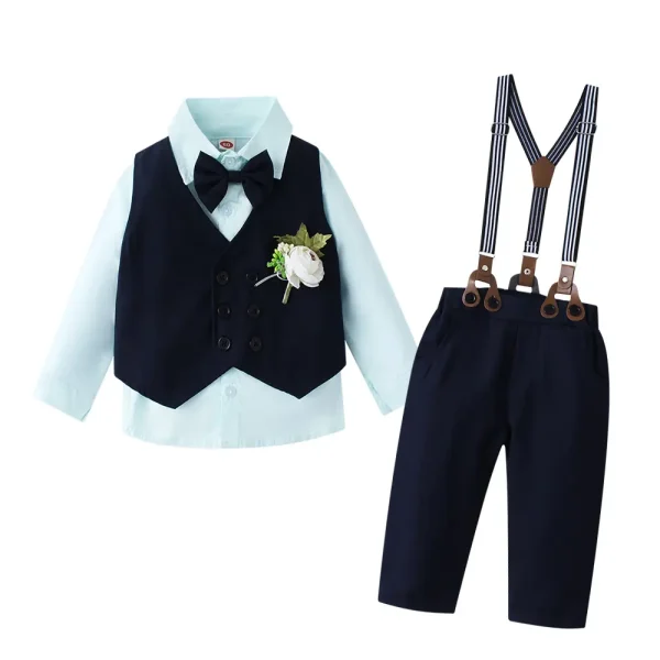 跨境欧美新款春秋长袖衬衫马甲胸花多件套男童婚礼礼服表演服代发
