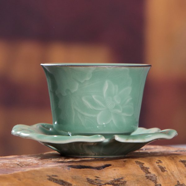 龙泉青瓷 创意中式功夫茶具 陶瓷手工荷花一壶两杯四杯礼盒装代发