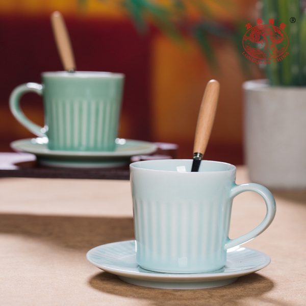 龙泉青瓷 美式家用咖啡杯碟套装水杯 陶瓷马克杯子高档精致早餐杯