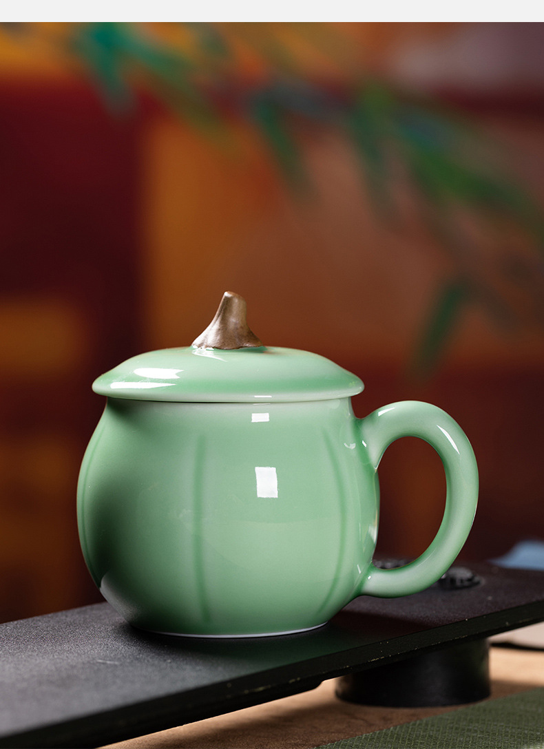 龙泉青瓷 创意带盖南瓜杯大容量喝水杯 陶瓷办公杯家用泡茶杯子