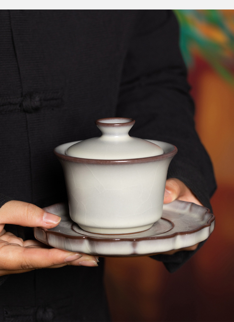 龙泉青瓷 手工猪油冻三才盖碗功夫泡茶碗 陶瓷高档大号手抓敬茶碗
