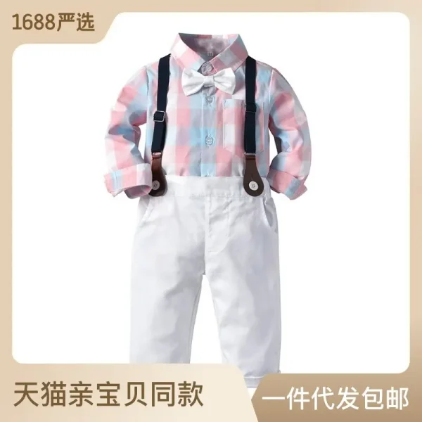 加工定制网红秋款套装男童装长袖男孩衬衫背带休闲长裤领结两件套