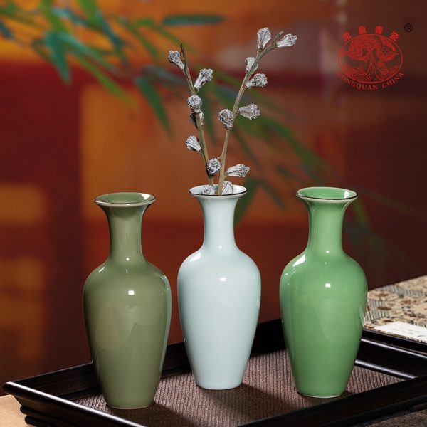 龙泉青瓷小号花瓶子柳叶插花器套装陶瓷中式水培干花客厅装饰摆件