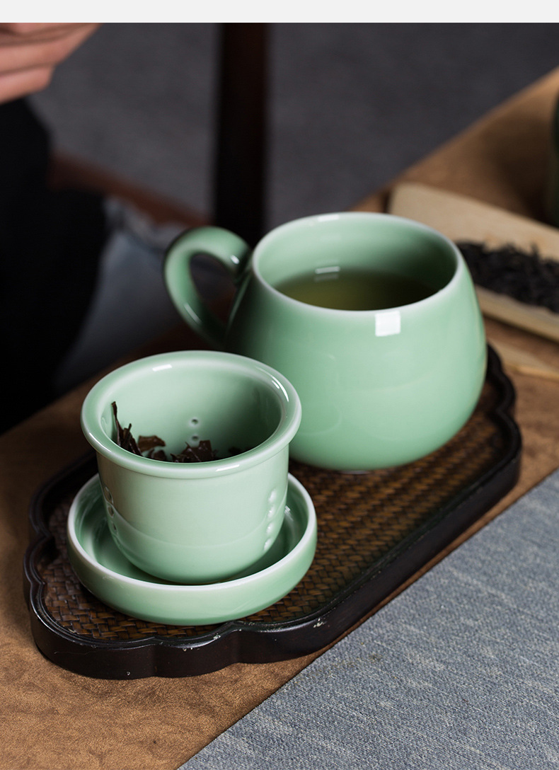 龙泉青瓷 带盖过滤茶水分离泡茶杯嘟嘟杯 陶瓷办公室马克杯茶叶罐