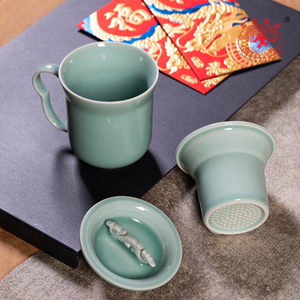 龙泉青瓷办公喝水茶杯套装家用带盖过滤马克杯陶瓷会议新年礼品杯