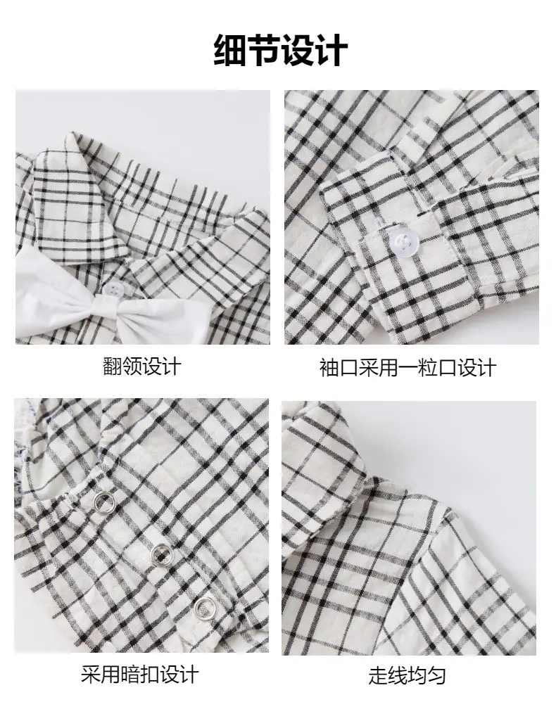 春秋新款三角哈衣长袖格子大蝴蝶结哈衣跨境婴儿包屁兄妹装连体衣