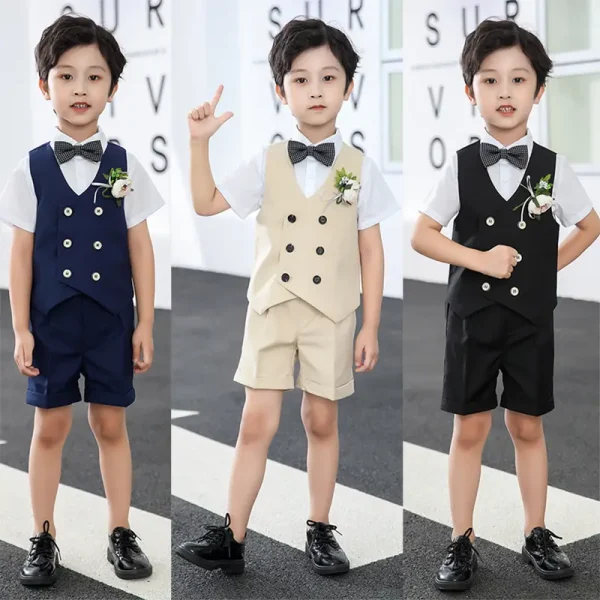 儿童套装新款春夏短袖马甲套男童花礼服中小童宝宝周岁生日宴会服