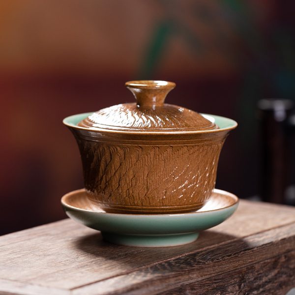 龙泉青瓷 功夫茶具复古手工跳刀三才盖碗 陶瓷家用会客手抓泡茶碗