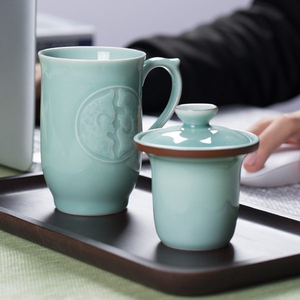 龙泉青瓷 办公杯茶杯过滤带盖带柄泡茶水杯 商务会议马克杯礼盒装