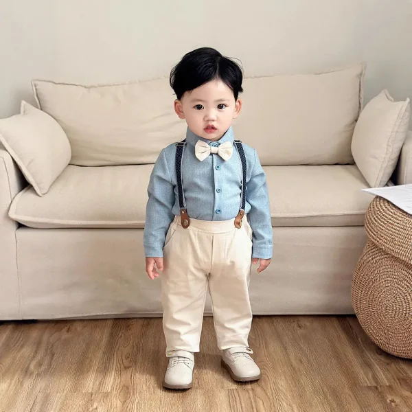 跨境 童装儿童领结格子衬衫长裤两件套宝宝春秋新款欧美男童套装