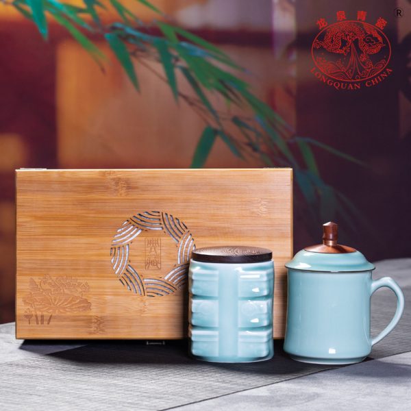 龙泉青瓷 创意酸枝木茶杯茶叶罐组合 高档商务礼品陶瓷茶杯礼盒装