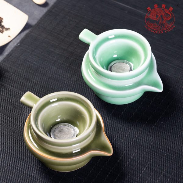 厂家直销 龙泉青瓷创意仿古茶漏茶托组合 陶瓷功夫茶滤茶托批发