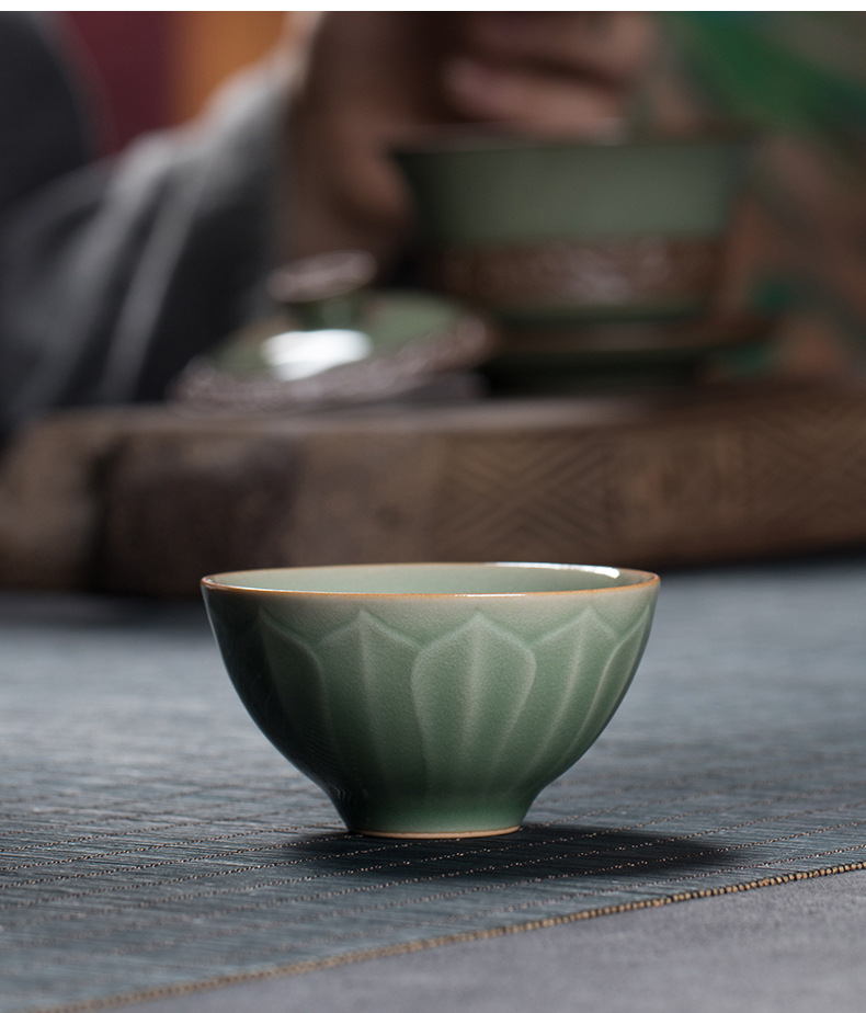 龙泉青瓷个人功夫茶杯原矿仿古莲瓣品茗杯单个小杯子陶瓷创意茶碗