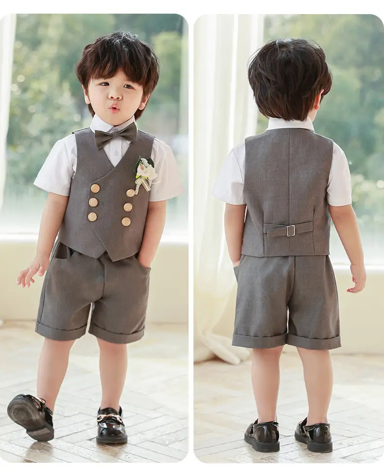 男童西装马甲短袖套装夏季英伦风表演演出服宝宝生日周岁礼服花童