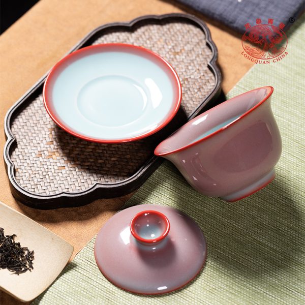 龙泉青瓷 三才盖碗大号手工红釉泡茶碗 陶瓷功夫茶具手抓碗敬茶杯
