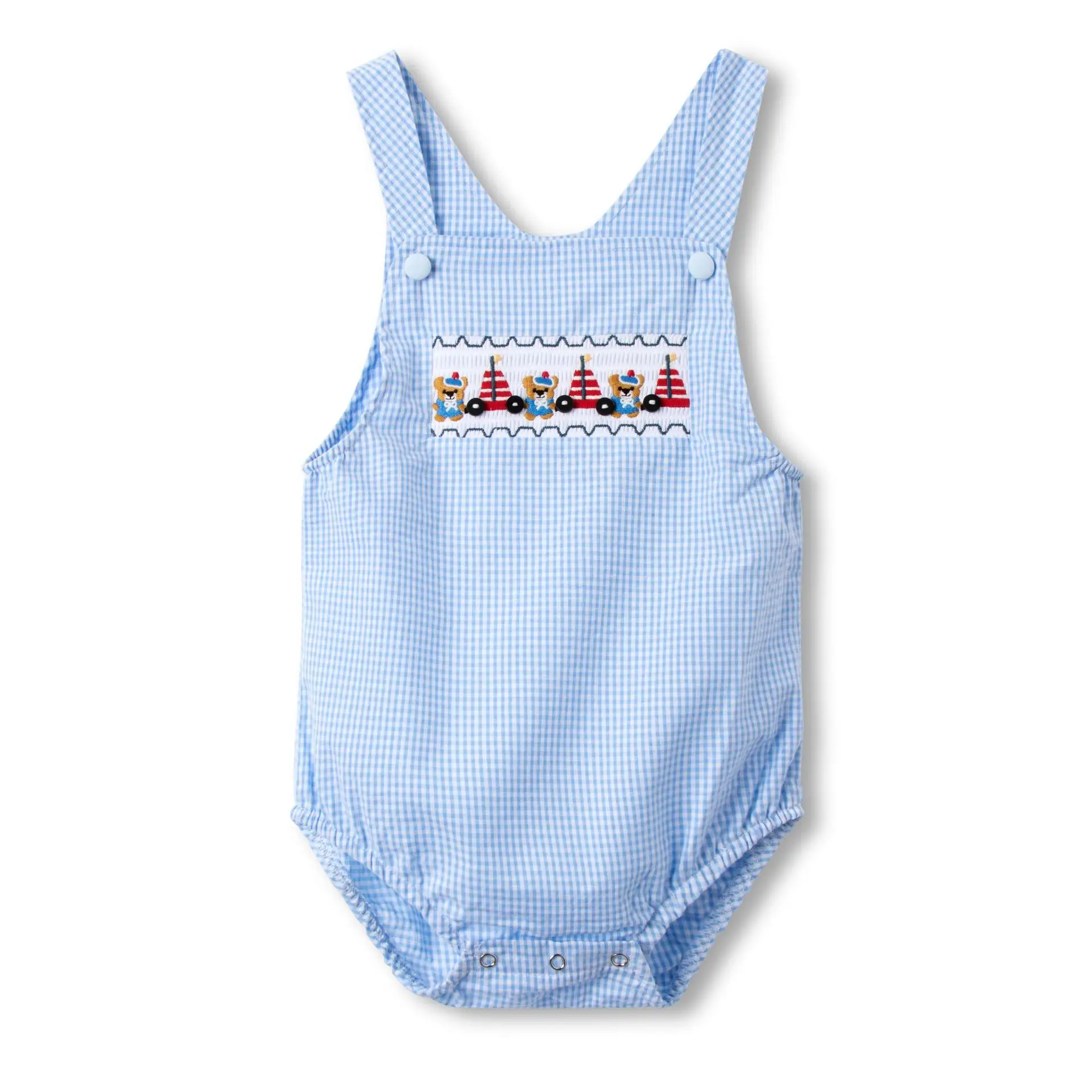 婴幼儿夏季新款打揽刺绣连体衣 男宝宝三角哈衣格子童装 厂家批发