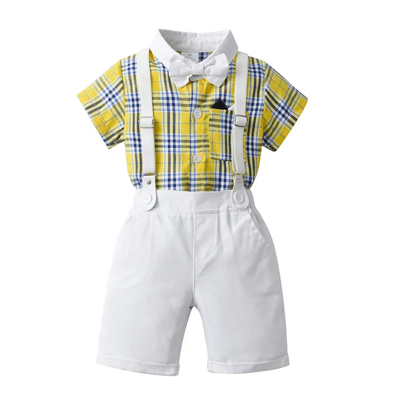 跨境童装批发英伦绅士格子三件套男童夏装宝宝夏季短袖款儿童套装