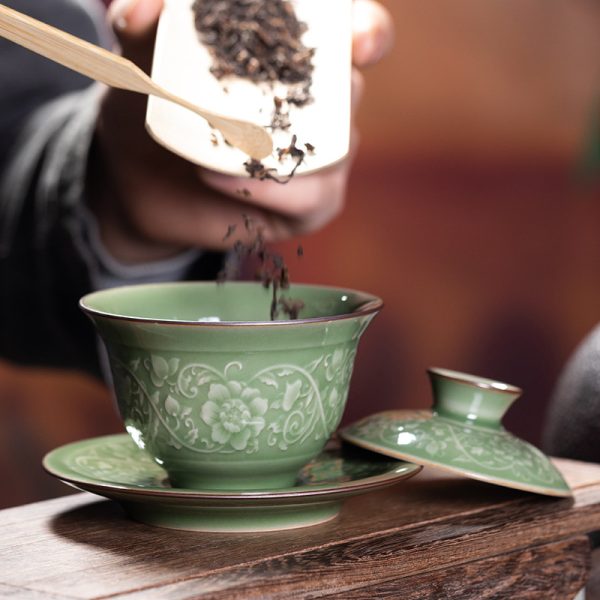 龙泉青瓷高端盖碗一壶四杯茶具 简约创意陶瓷功夫茶具商务礼盒装