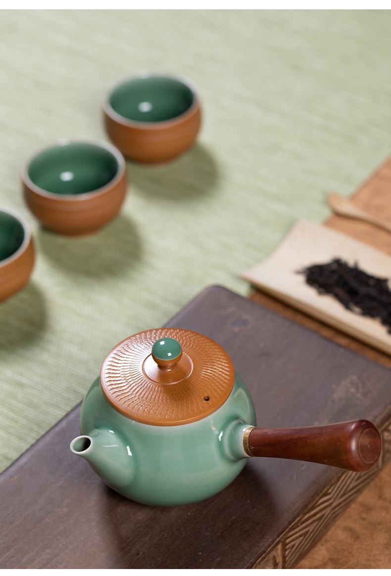 龙泉青瓷 旅行家用跳刀手工侧把壶套装 陶瓷茶杯高档功夫茶具套装