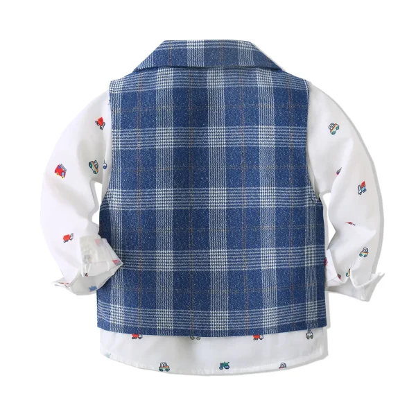 春秋新款男童绅士礼服套装长袖卡通小汽车衬衫西服儿童马甲三件套