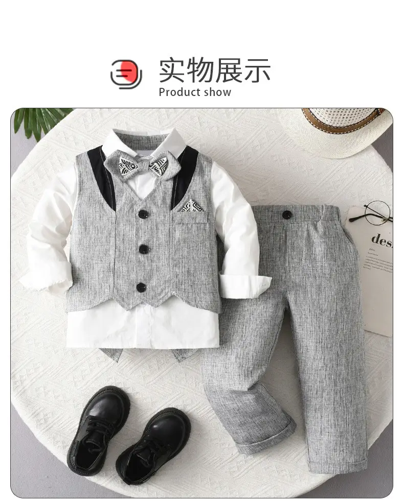 跨境欧美跨境男童套装春秋新款童装儿童燕尾服马甲三件套宝宝衣服