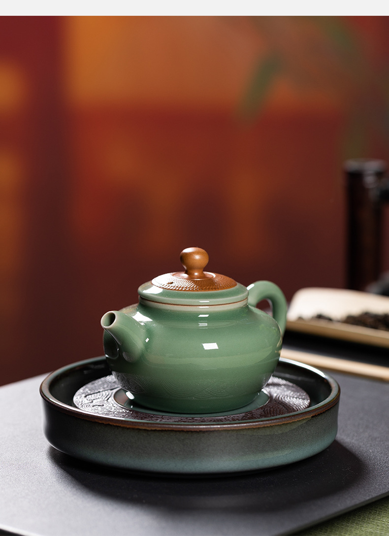 龙泉青瓷壶承简约风复古铁胎茶承储水陶瓷功夫茶具干泡台组合壶托