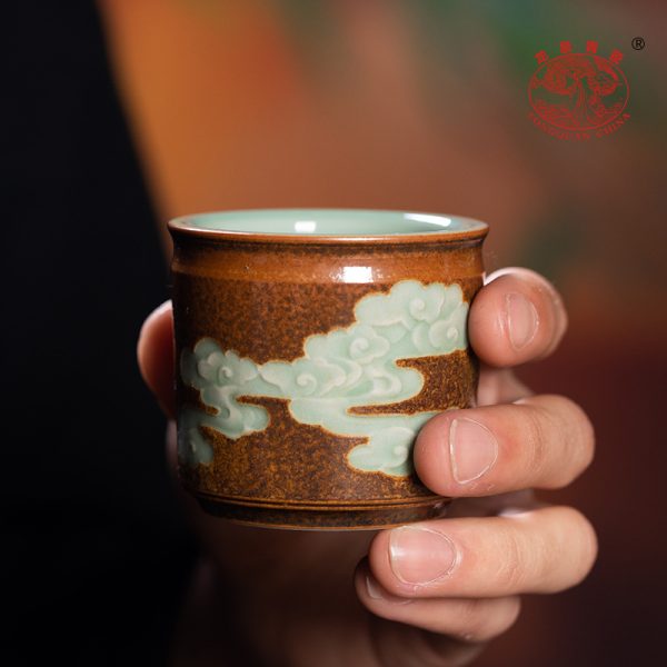 龙泉青瓷柴烧窑变手工主人杯单杯陶瓷功夫茶杯祥云扳指品茗杯盏
