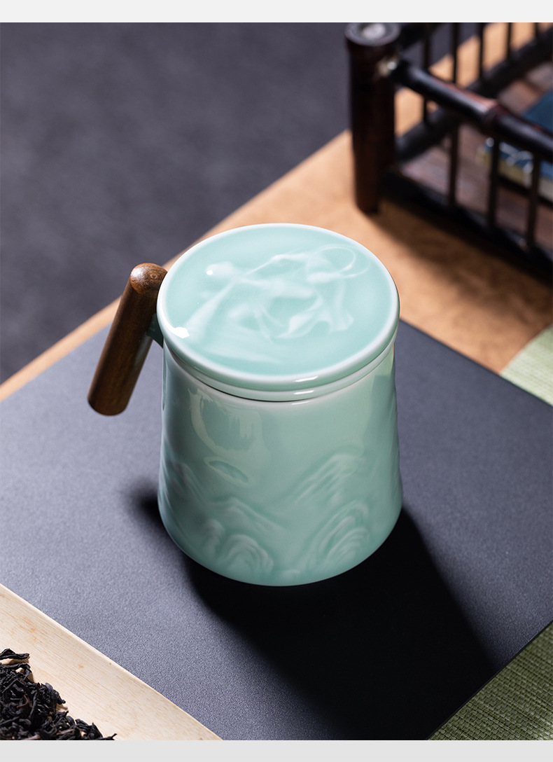 龙泉青瓷 带盖过滤茶水分离马克杯 陶瓷大容量高档办公杯泡茶杯子