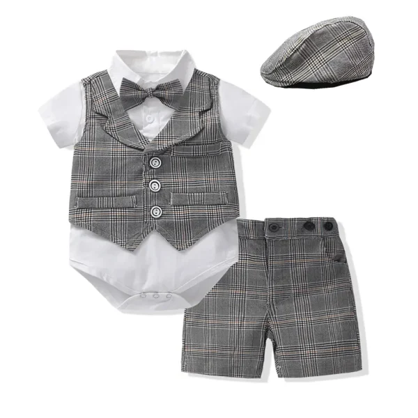 跨境夏季新款男宝宝绅士套装周岁礼服爬服马甲短裤领结多件套批发