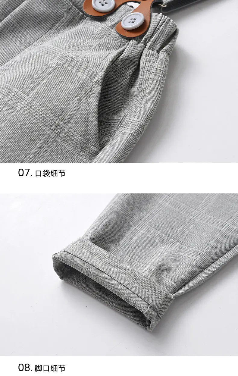 跨境童装春秋款绅士洋气西服男童秋装宝宝格子背带裤两件儿童套装