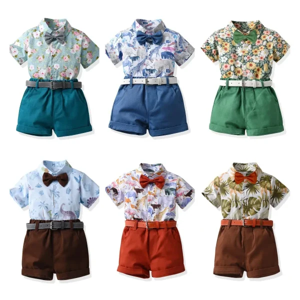 夏季短袖花衬衫男童短裤休闲两件套baby外贸童装多色沙滩服送腰带