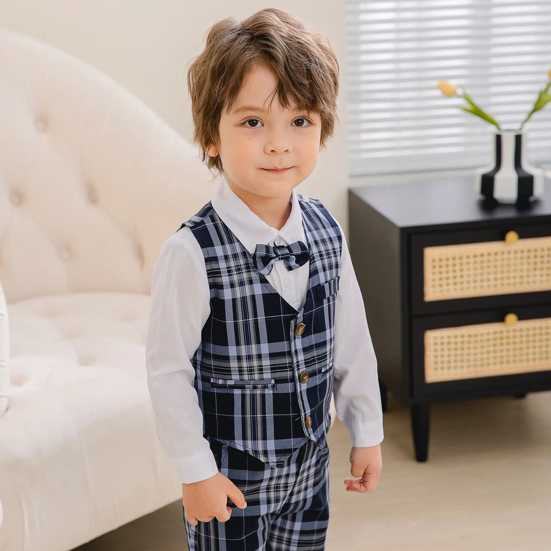 男童套装秋款白衬衣格子马甲绅士童装英伦风宝宝西装礼服