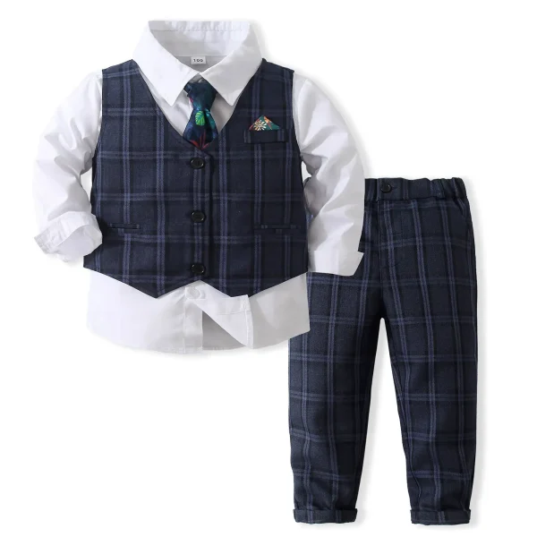 儿童礼服男童宴会衣服绅士格子马甲衬衫长裤领带派对帅气三件套装