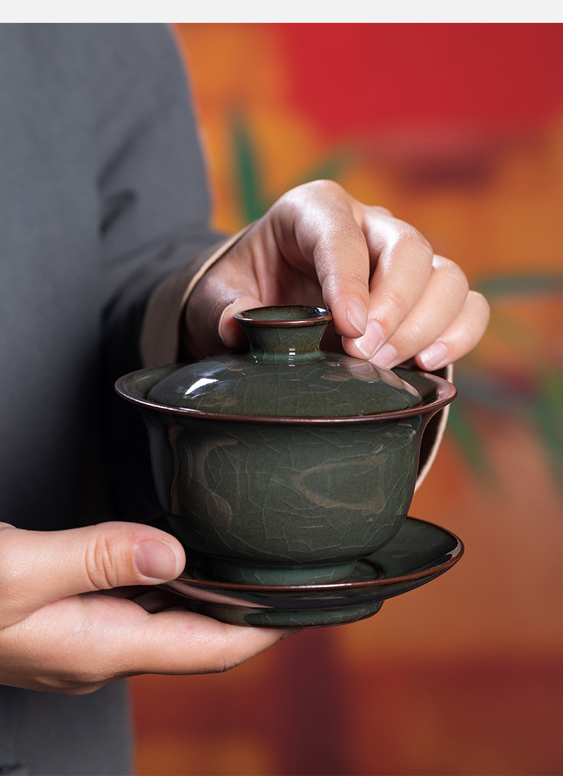 龙泉青瓷三才盖碗茶杯大号铁胎冰裂陶瓷泡茶手工功夫茶具单个家用