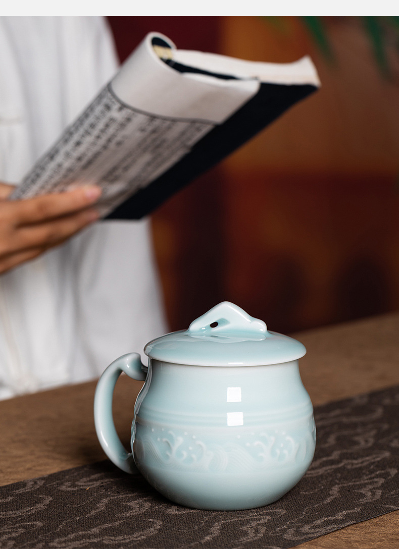 龙泉青瓷 家用带盖水杯中式泡茶杯马克杯 陶瓷个人专用办公室会议