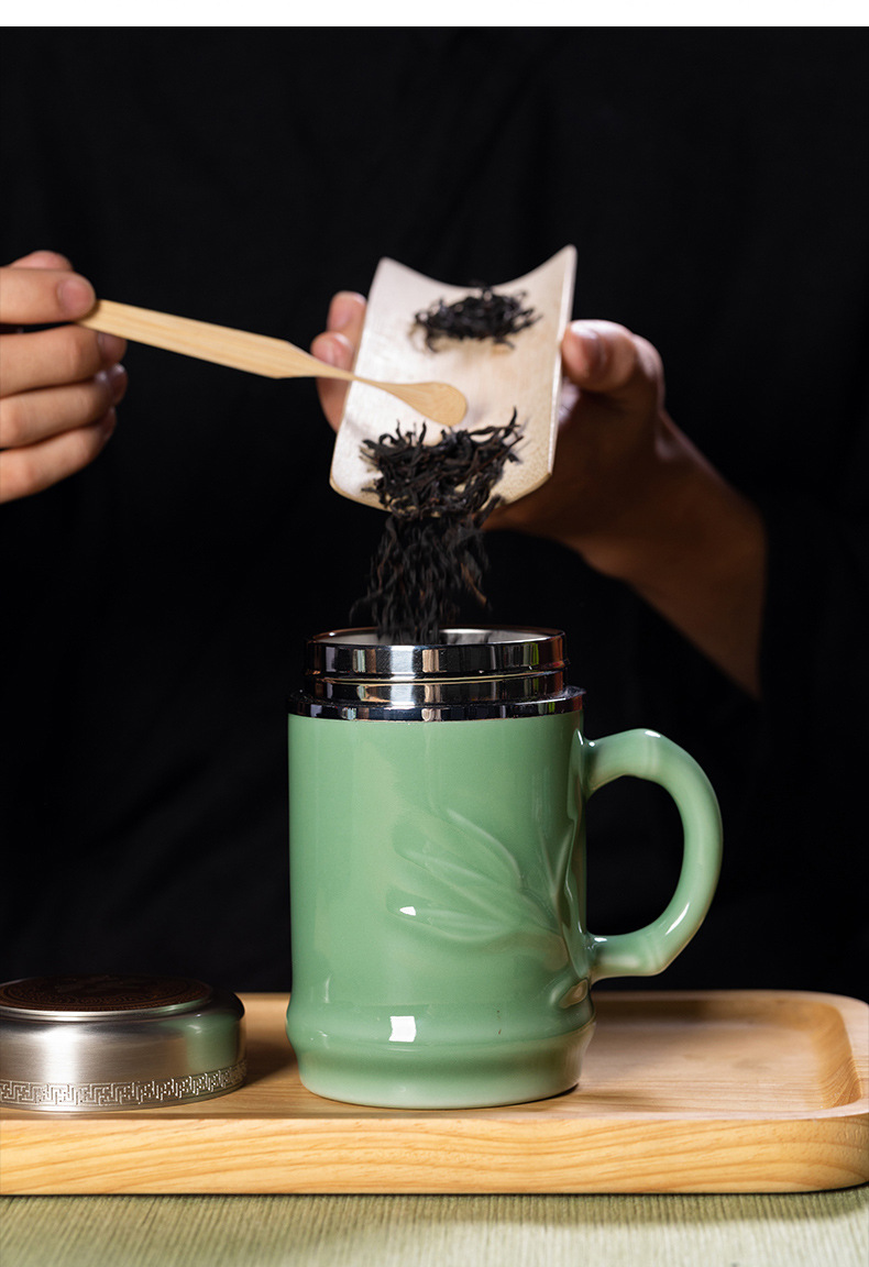 龙泉青瓷 竹节保温杯不锈钢内胆茶水分离泡茶杯 陶瓷大容量商务杯