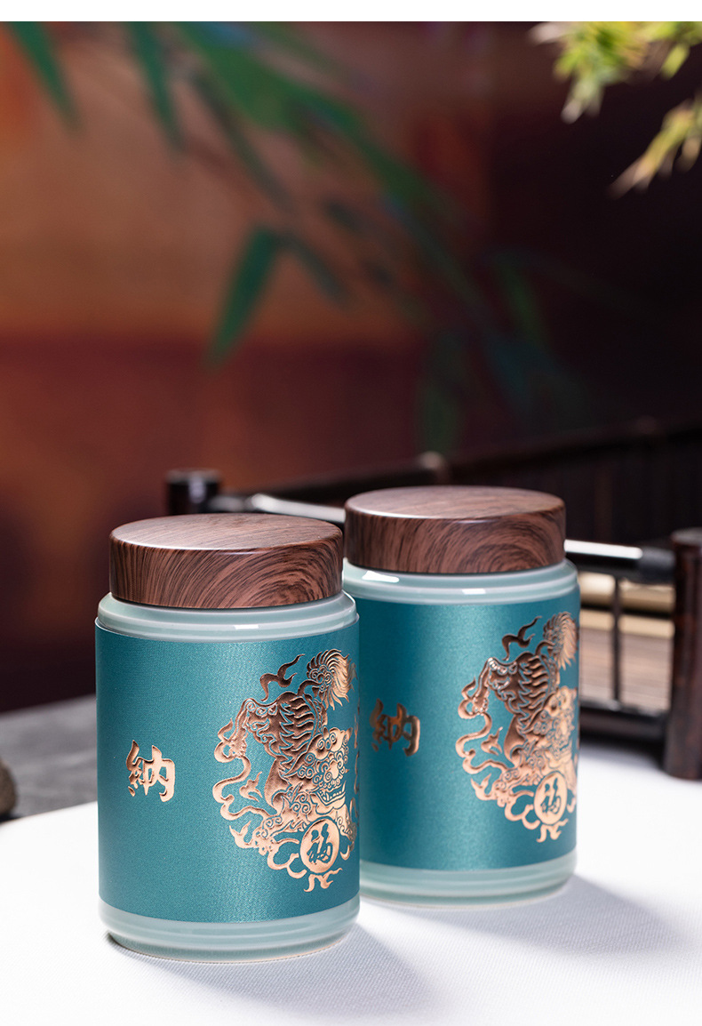 龙泉青瓷 创意防潮密封罐茶叶罐 陶瓷家用纳福双罐新婚伴手礼盒装